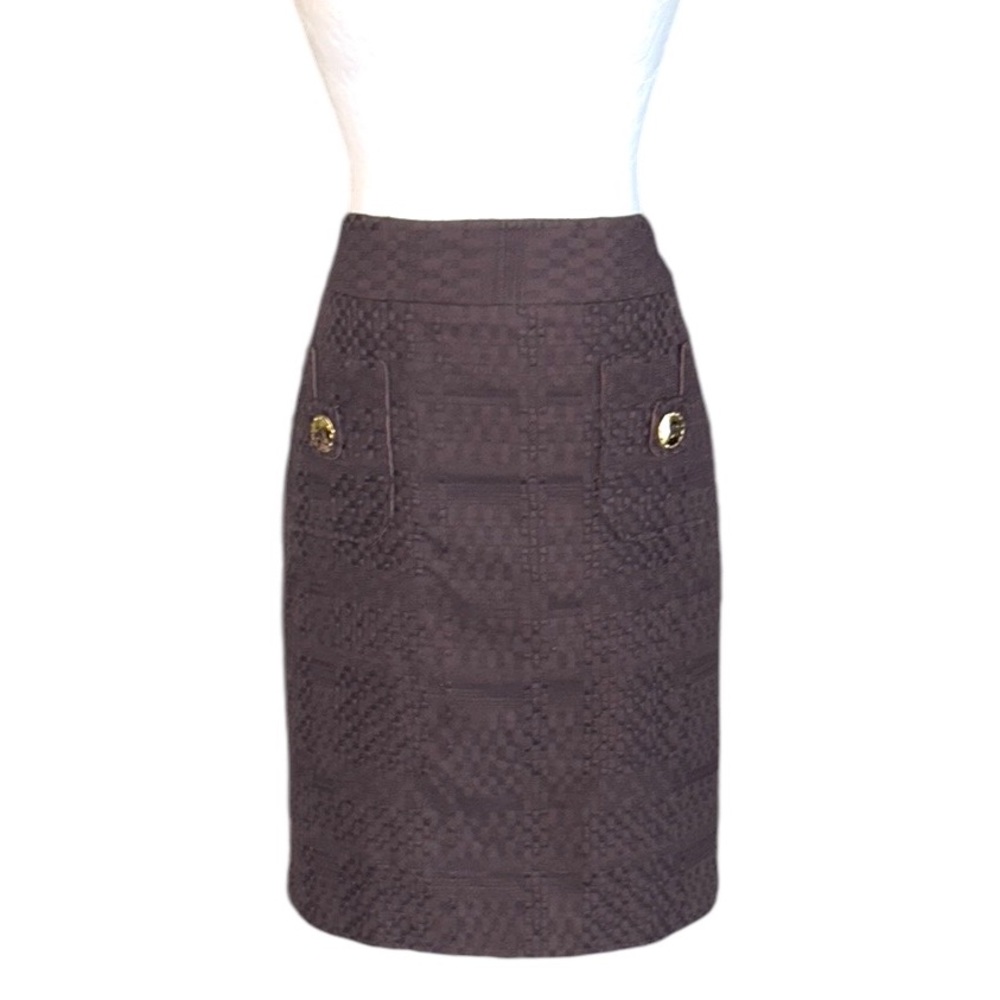 Milly of New York Brown Woven Textured Gold Button Detail Pencil Skirt - 8